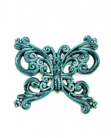Farfalla Verde Marino Decoro Intreccio H. 8-9 cm in Ceramica