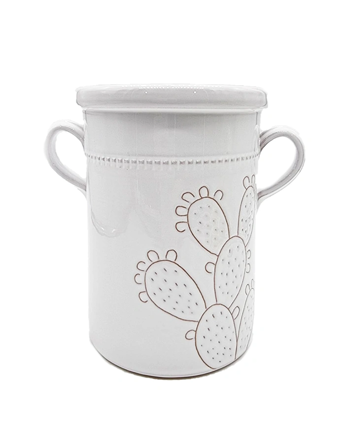 Capasa Bianca Incisione Pala di Fico D'India H. 17 cm in Ceramica