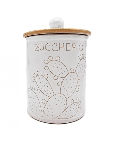 Barattolo Bianco Zucchero Incisione Cactus H. 16 cm in Ceramica