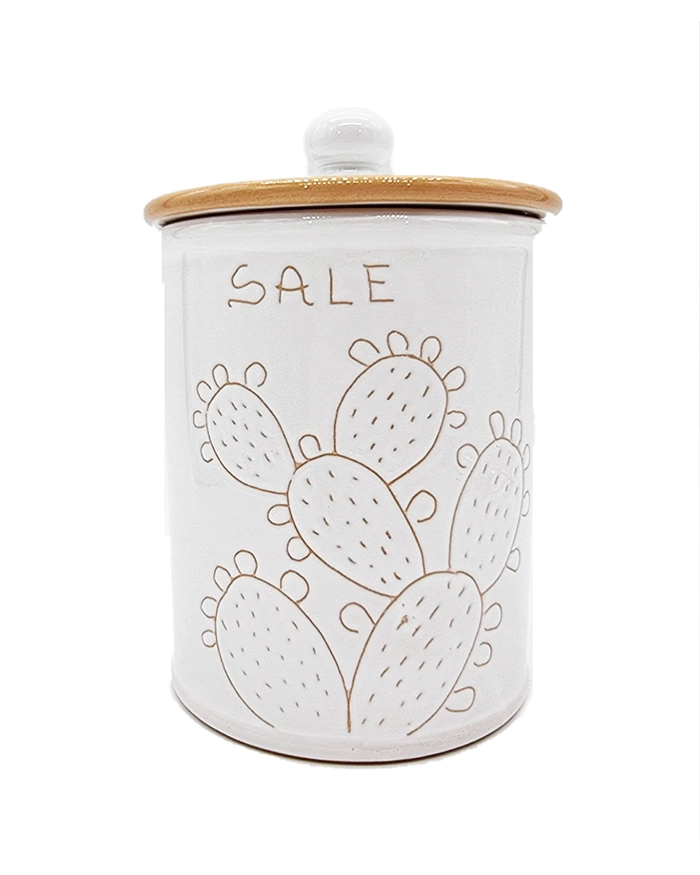 Barattolo Bianco Sale Incisione Cactus H. 16 cm in Ceramica