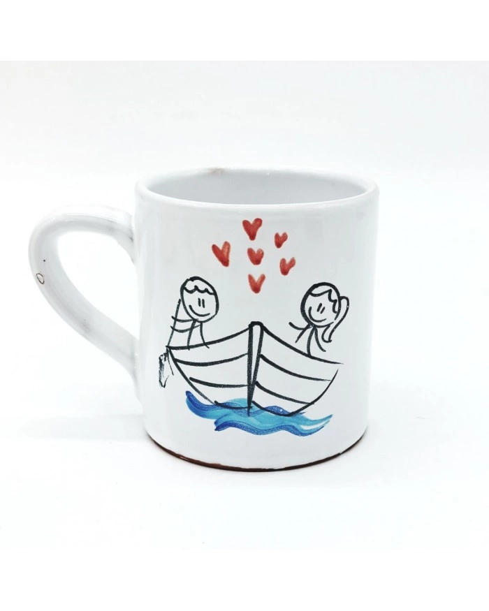 Tazza Mug Bianca Coppia con Barchetta H. 9 cm in Ceramica