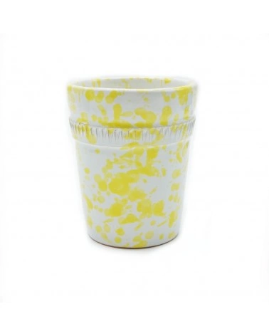 Vaso Portapianta Schizzato Giallo Con Decoro H. 10 cm